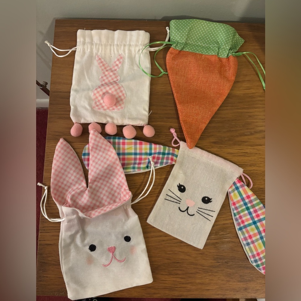 Easter themed drawstring gift bags featuring bunny and carrot designs Set of 4